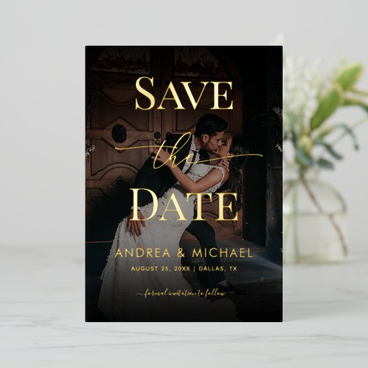 Invitation En Aluminium Photo défraîchi noir Mariage élégant Enregistrer l (Debout devant)