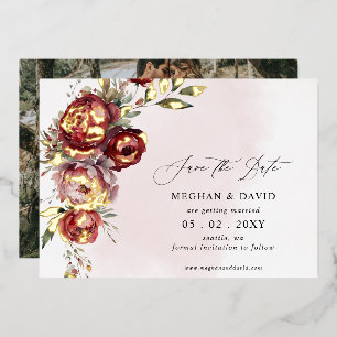 Invitation En Aluminium Photo Floral Élégant Boho Bourgeon de Bourgogne