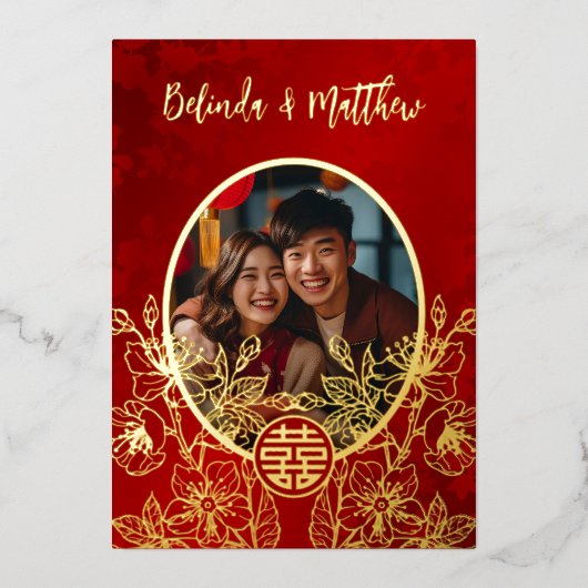 Invitation En Aluminium Photo Floral Line Art Mariage chinois (Recto)