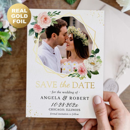 Invitation En Aluminium Photo florale floue géométrique Enregistrer la dat