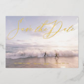 Invitation En Aluminium Photo manuscrite Style Enregistrer la date Or (Recto)