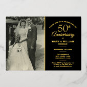 Invitation En Aluminium Photo Mariage du 50e anniversaire Noir et or (Recto)