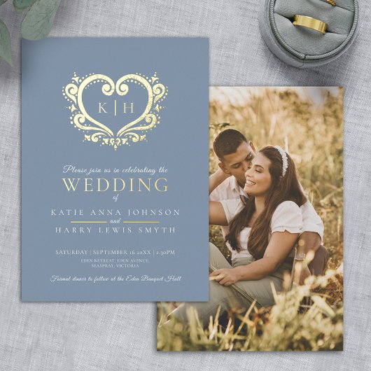 Invitation En Aluminium Photo mariage gris bleu coeur or monogramme