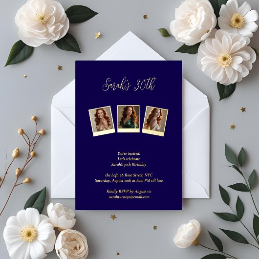 Invitation En Aluminium Photo Marine Blue & Gold Foil 30e anniversaire