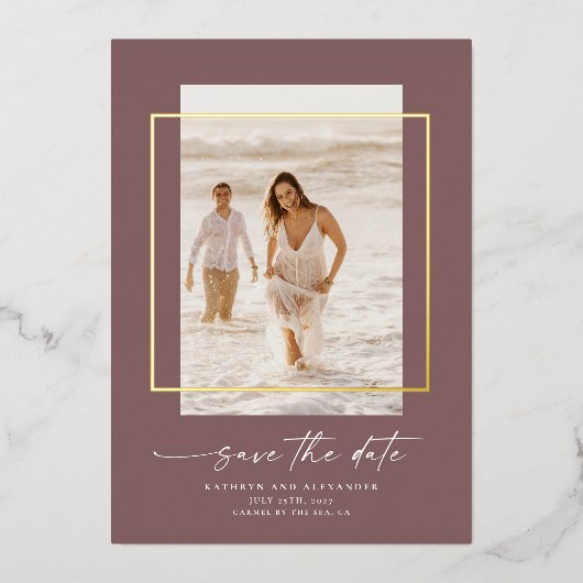 Invitation En Aluminium Photo Mauve Moderne Enregistrer La Date Real Gold (Recto)