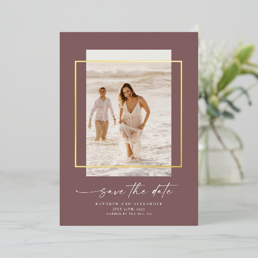 Invitation En Aluminium Photo Mauve Moderne Enregistrer La Date Real Gold (Debout devant)