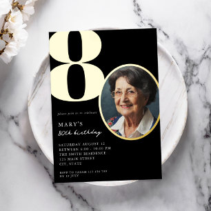 Invitation En Aluminium Photo moderne Black and Gold Elegant 80e anniversa