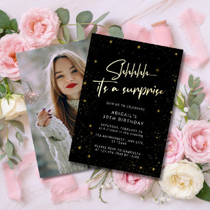 Invitation En Aluminium Photo moderne Black & Gold Surprise fête d'anniver