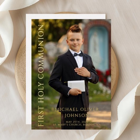 Invitation En Aluminium Photo moderne Boy First Holy Communion Gold