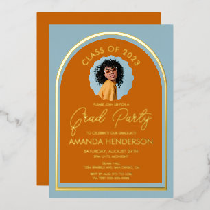 Invitation En Aluminium Photo moderne Burn Orange et Bleu Graduation