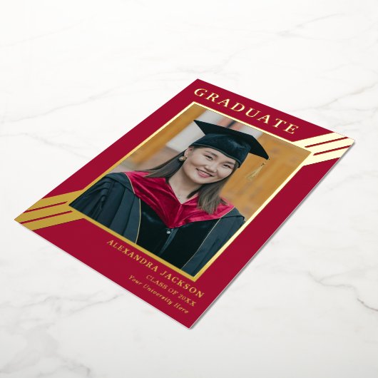 Invitation En Aluminium Photo moderne Grad Burgundy Red Gold (Rotation)