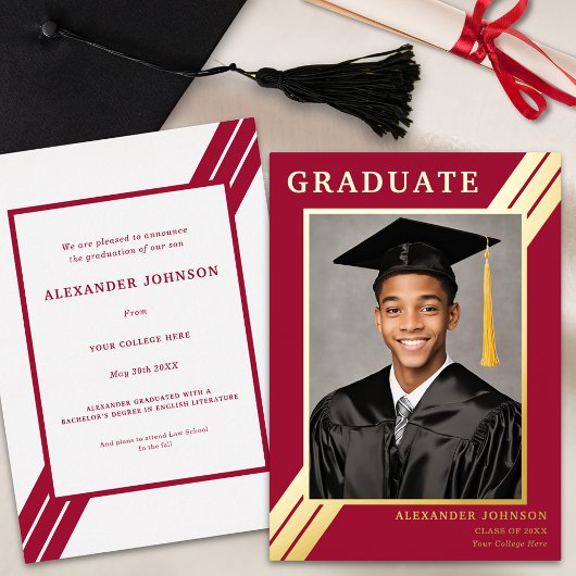 Invitation En Aluminium Photo Moderne Graduate Burgundy Gold Graduation