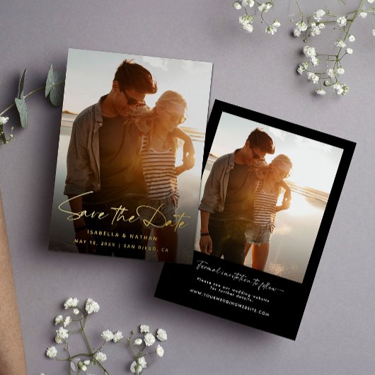 Invitation En Aluminium Photo moderne noir blanc Enregistrer la date or