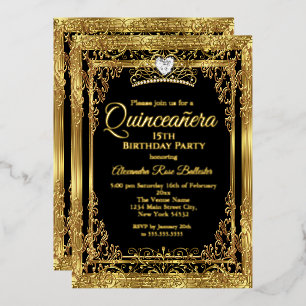 Invitation En Aluminium Photo noir or anniversaire Quinceanera