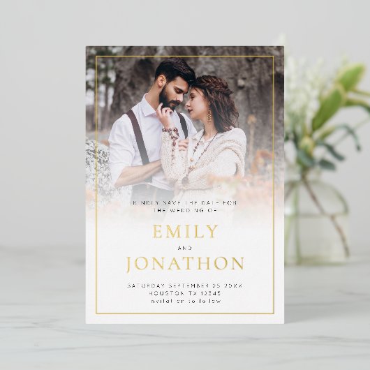 Invitation En Aluminium Photo Overlay Line Bordure Fond Enregistrer la car (Debout devant)