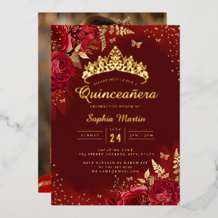 Invitation En Aluminium Photo Papillon Rouge Or Fleur Quinceanera