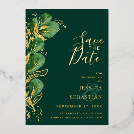 Invitation En Aluminium Photo personnalisée Emerald Green & Gold Eucalyptu (Recto)