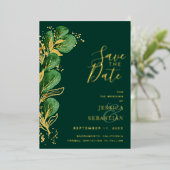 Invitation En Aluminium Photo personnalisée Emerald Green & Gold Eucalyptu (Debout devant)