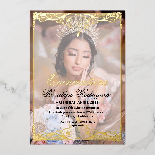 Invitation En Aluminium Photo Quinceañera Bohemian Real Gold Foil (Recto)