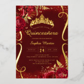 Invitation En Aluminium Photo Red Gold Floral Scroll Quinceanera (Recto)