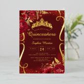Invitation En Aluminium Photo Red Gold Floral Scroll Quinceanera (Debout devant)