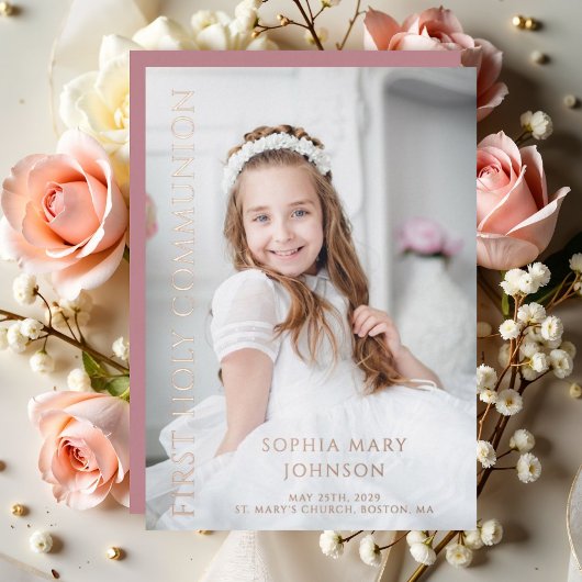 Invitation En Aluminium Photo Rose Fille Première Sainte Communion Rose Or