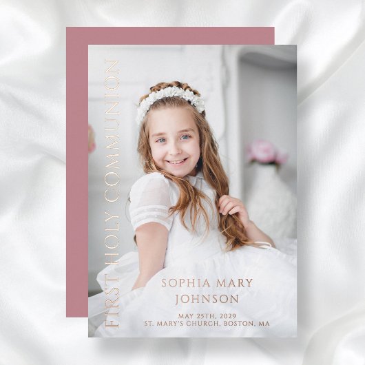 Invitation En Aluminium Photo Rose Fille Première Sainte Communion Rose Or