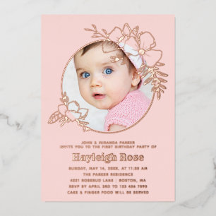 Invitation En Aluminium Photo Rose Gold Cadre Floral 1er anniversaire