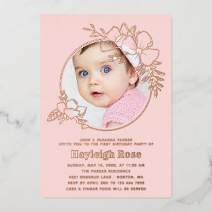 Invitation En Aluminium Photo Rose Or Cadre Floral 1er anniversaire