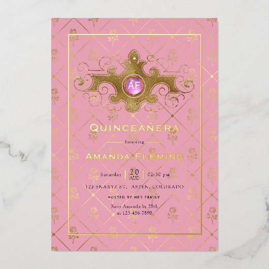 Invitation En Aluminium Pierre rose et or Quinceañera Monogramme (Recto)