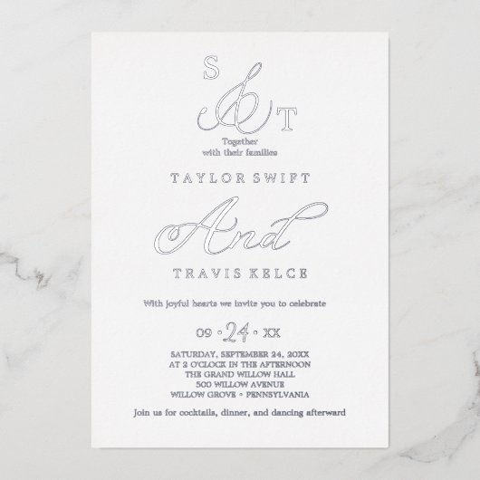 Invitation En Aluminium Pile argenté délicate | Mariage de monogramme offi (Recto)