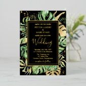 Invitation En Aluminium Pile d'or Tropical et Mariage de feuillage noir él (Debout devant)