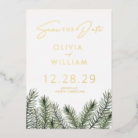 Invitation En Aluminium Pin Rustique Verdure Noël Sauvez La Date (Recto)