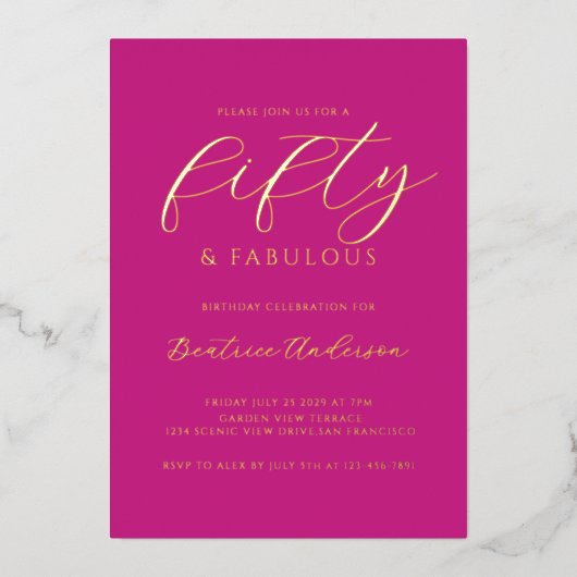 Invitation En Aluminium Pink 50 and Fabulous Birthday Gold (Recto)
