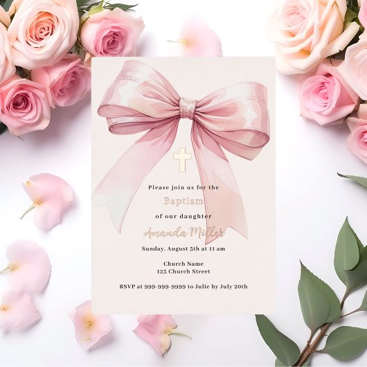 Invitation En Aluminium Pink bow crème fille Baptême or rose