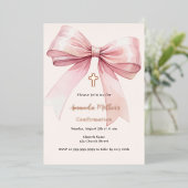 Invitation En Aluminium Pink bow crème fille Confirmation (Debout devant)