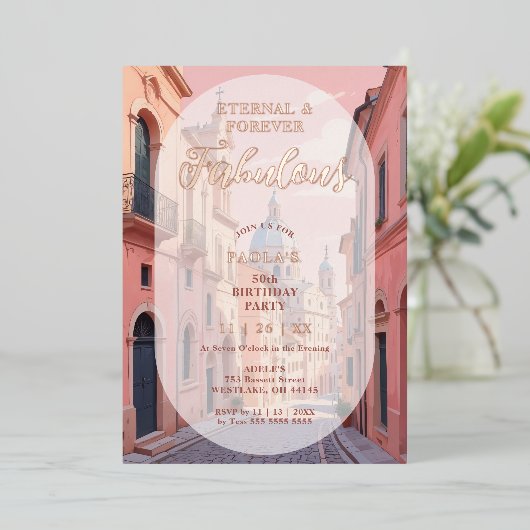 Invitation En Aluminium Pink Charming Ancient Cityscape Oval Translucent  (Debout devant)