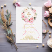Invitation En Aluminium Pink floral wreath bow gold cross girl baptism