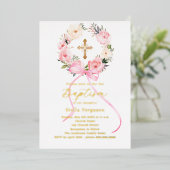Invitation En Aluminium Pink floral wreath bow gold cross girl baptism (Debout devant)
