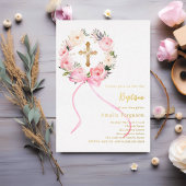 Invitation En Aluminium Pink floral wreath cross bow girl baptism