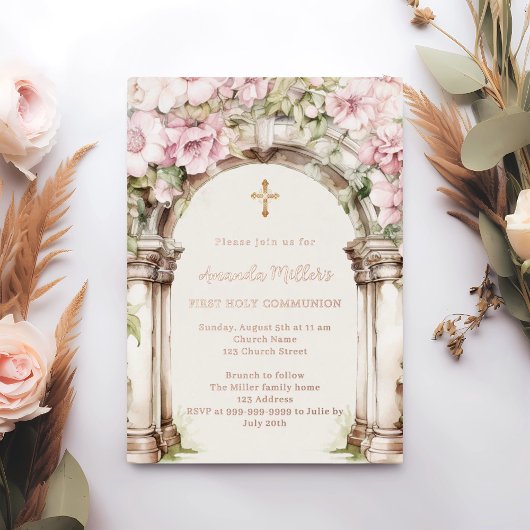 Invitation En Aluminium Pink florals arch beige First Communion rose gold
