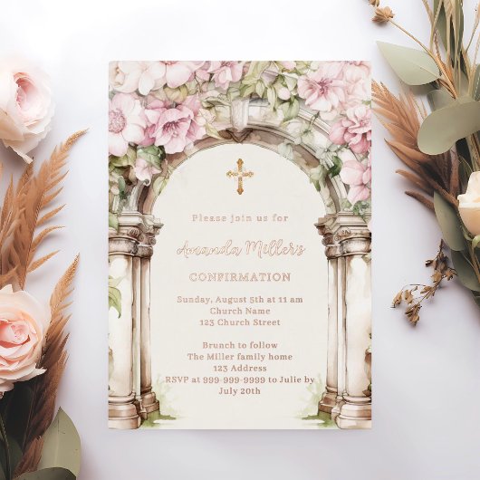 Invitation En Aluminium Pink florals arch beige rose gold Confirmation