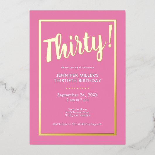 Invitation En Aluminium Pink & Gold Foil moderne 30e anniversaire (Recto)