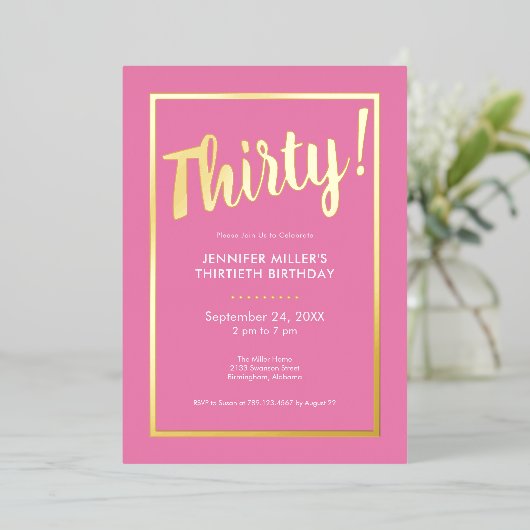 Invitation En Aluminium Pink & Gold Foil moderne 30e anniversaire (Debout devant)
