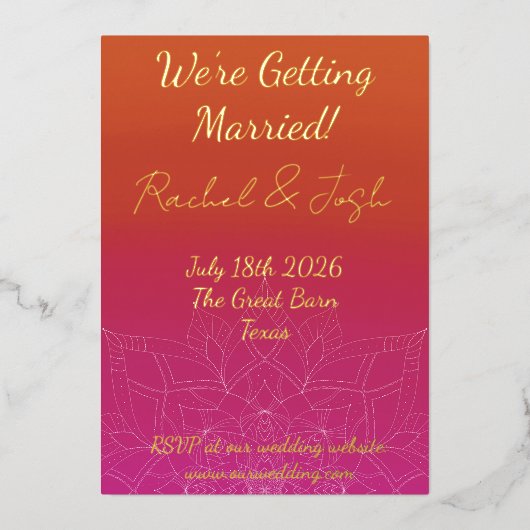 Invitation En Aluminium Pink & Orange Bright Ombre Mandala Mariage (Recto)