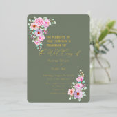 Invitation En Aluminium Pink Roses Warm Eucalyptus Green (Debout devant)