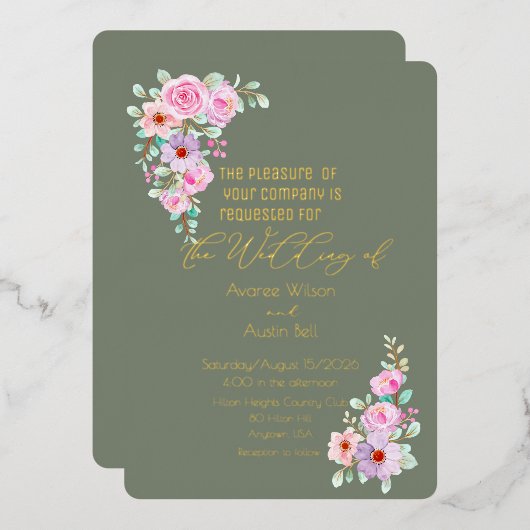 Invitation En Aluminium Pink Roses Warm Eucalyptus Green (Recto/Verso)