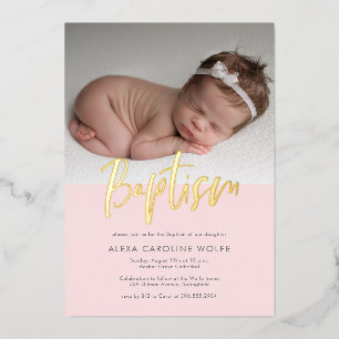 Invitation En Aluminium Pink Simple Moderne Calligraphie Baptême Photo