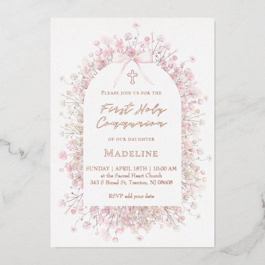 Invitation En Aluminium pink white flowers First Communion (Recto)