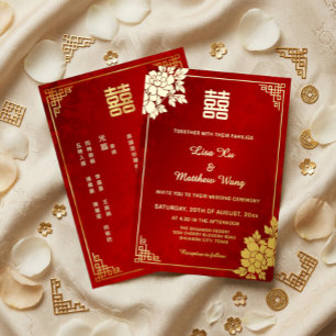 Invitation En Aluminium Pivoine dorée rouge scintillante Mariage chinois